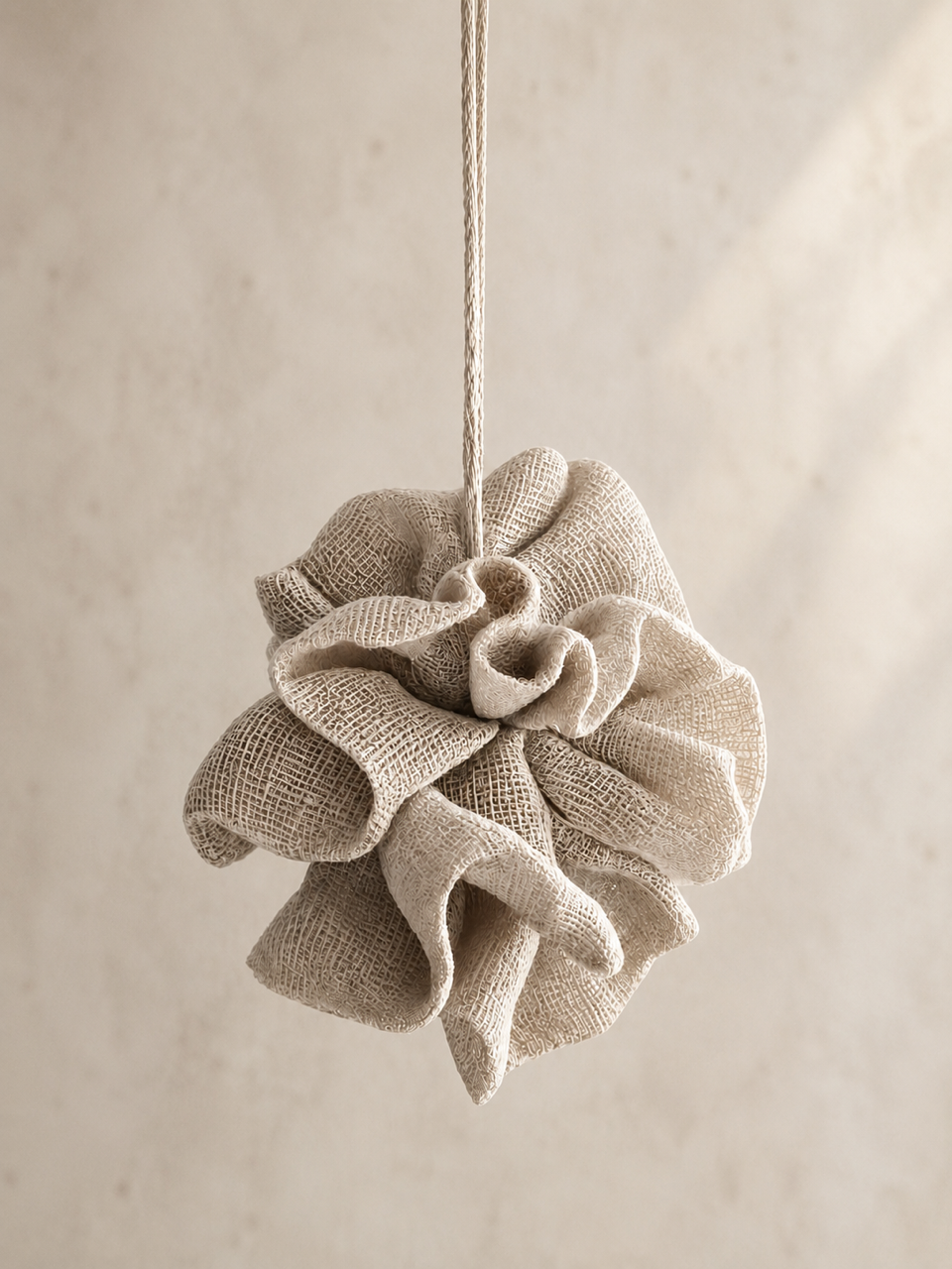 Exfoliating body pouff in natural sustainable fabric with a hemp cord for hanging to dry -Hemp Horizon