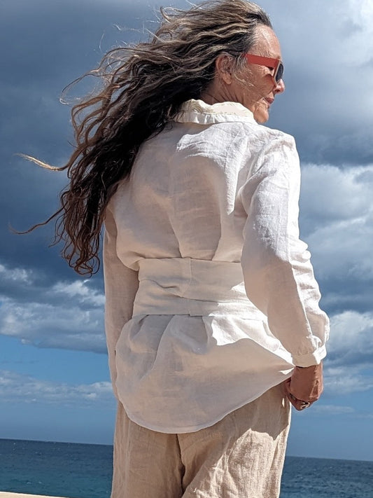 Hemp Linen white with yellow print  back view - Hemp Horizon