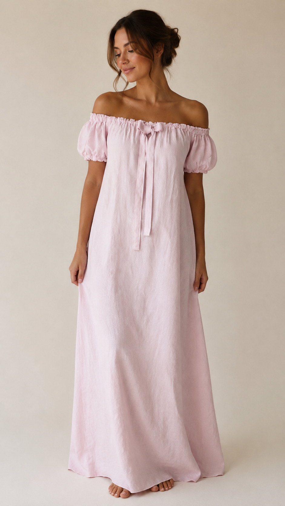 Woman wearing a pink off-shoulder dress against a plain background - Hemp Horizon