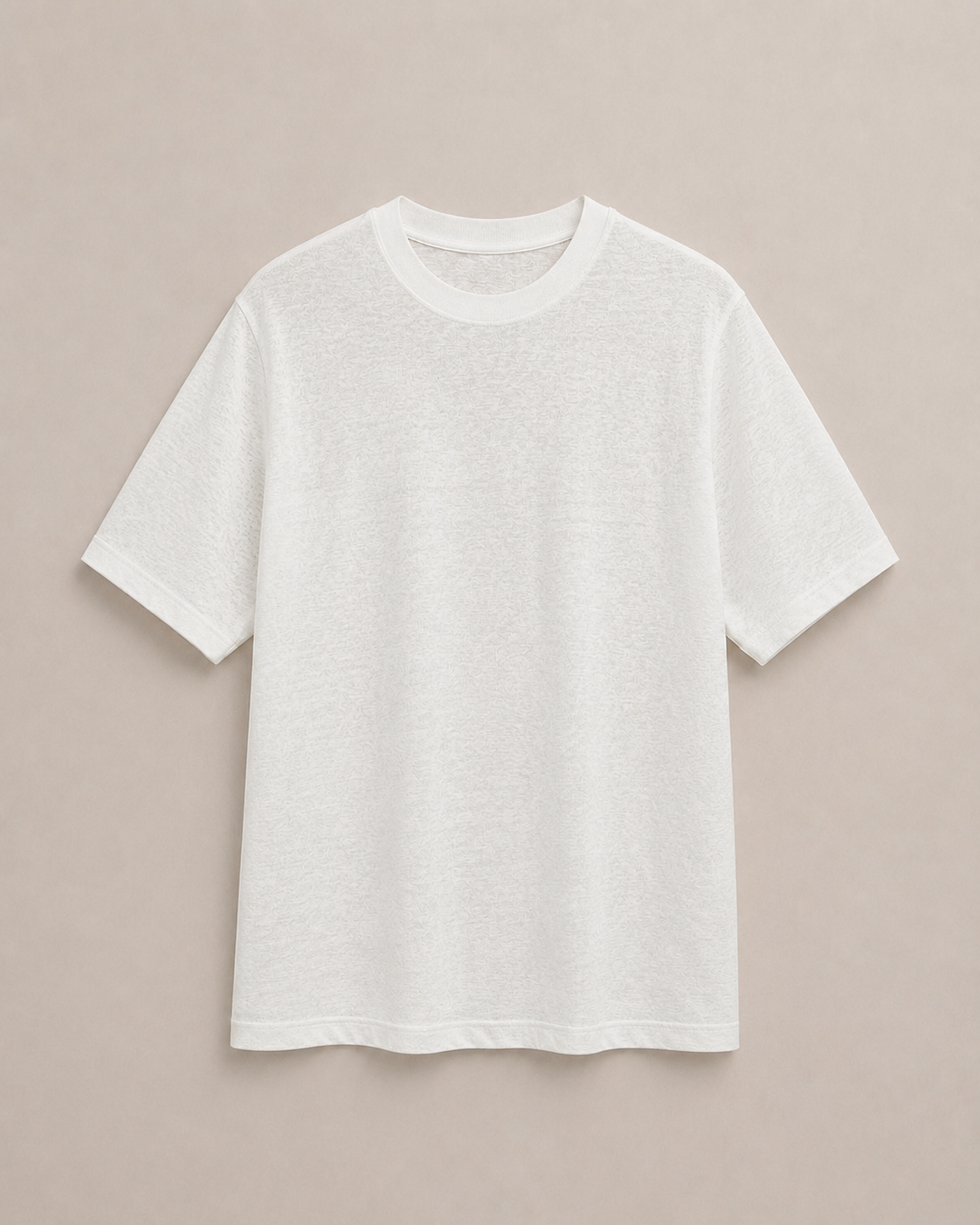 A plain Ivory Hemp and organic cotton short-sleeve crew neck t-shirt laid flat against a solid beige background. Hemp HorizonHorizon