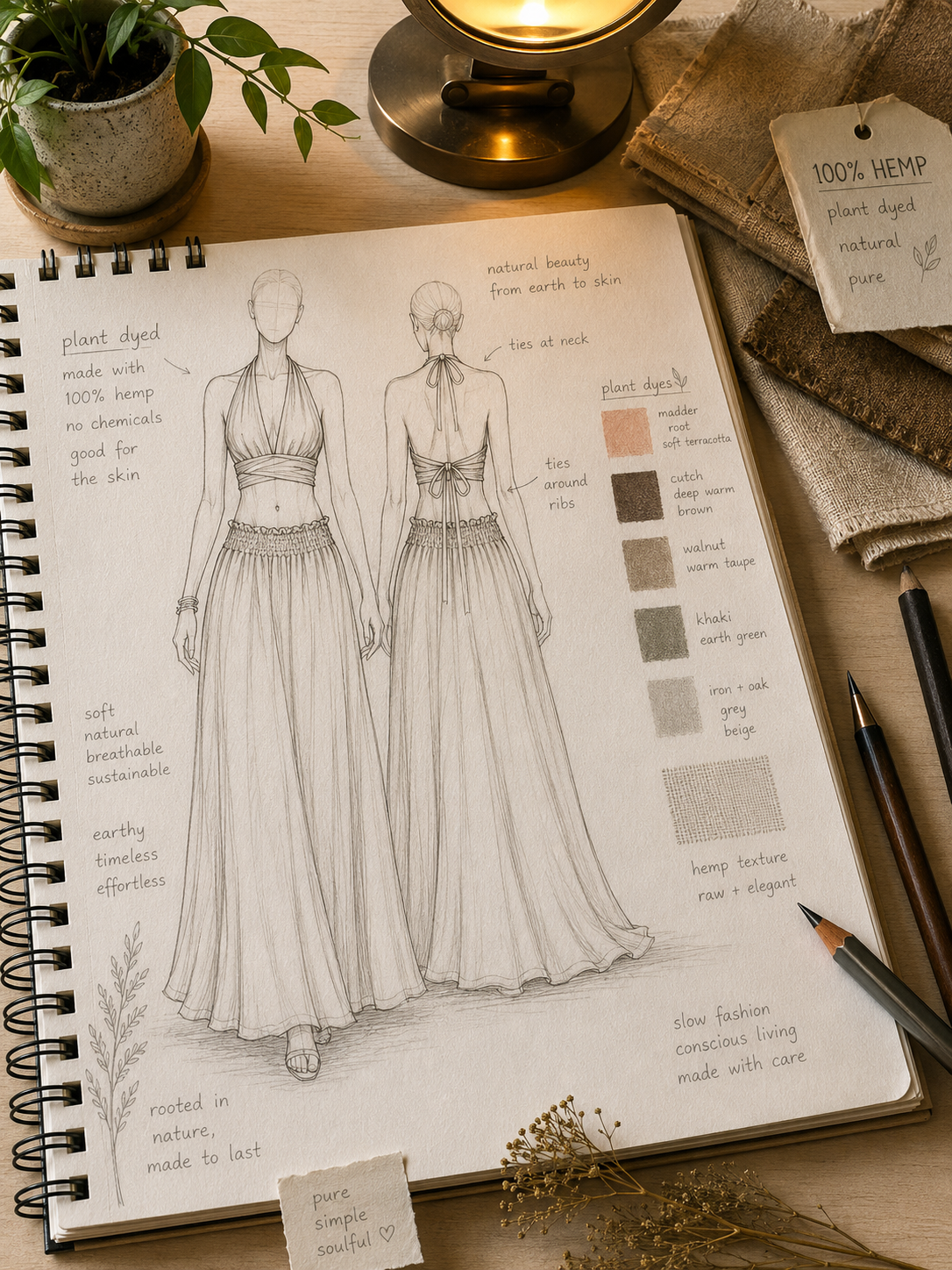 Design sketch of a dress on a notebook with color swatches and text, surrounded by stationery items.