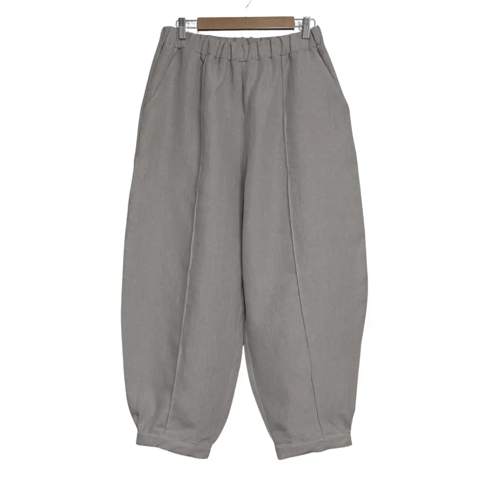 Gray Hemp barrel pants on a hanger against a white background-Hemp Horizon