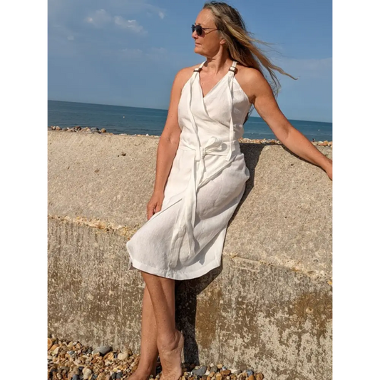 Hemp and Linen wrap dress with coconut buttons in white- Hemp Horizon