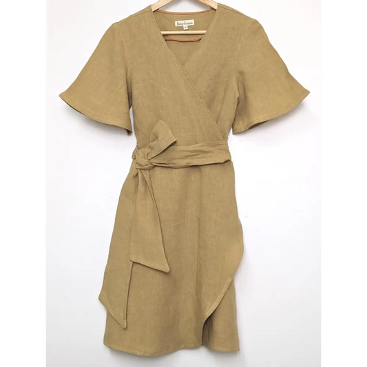 Hemp linen mini wrap dress with butterfly sleeves - Hemp Horizon