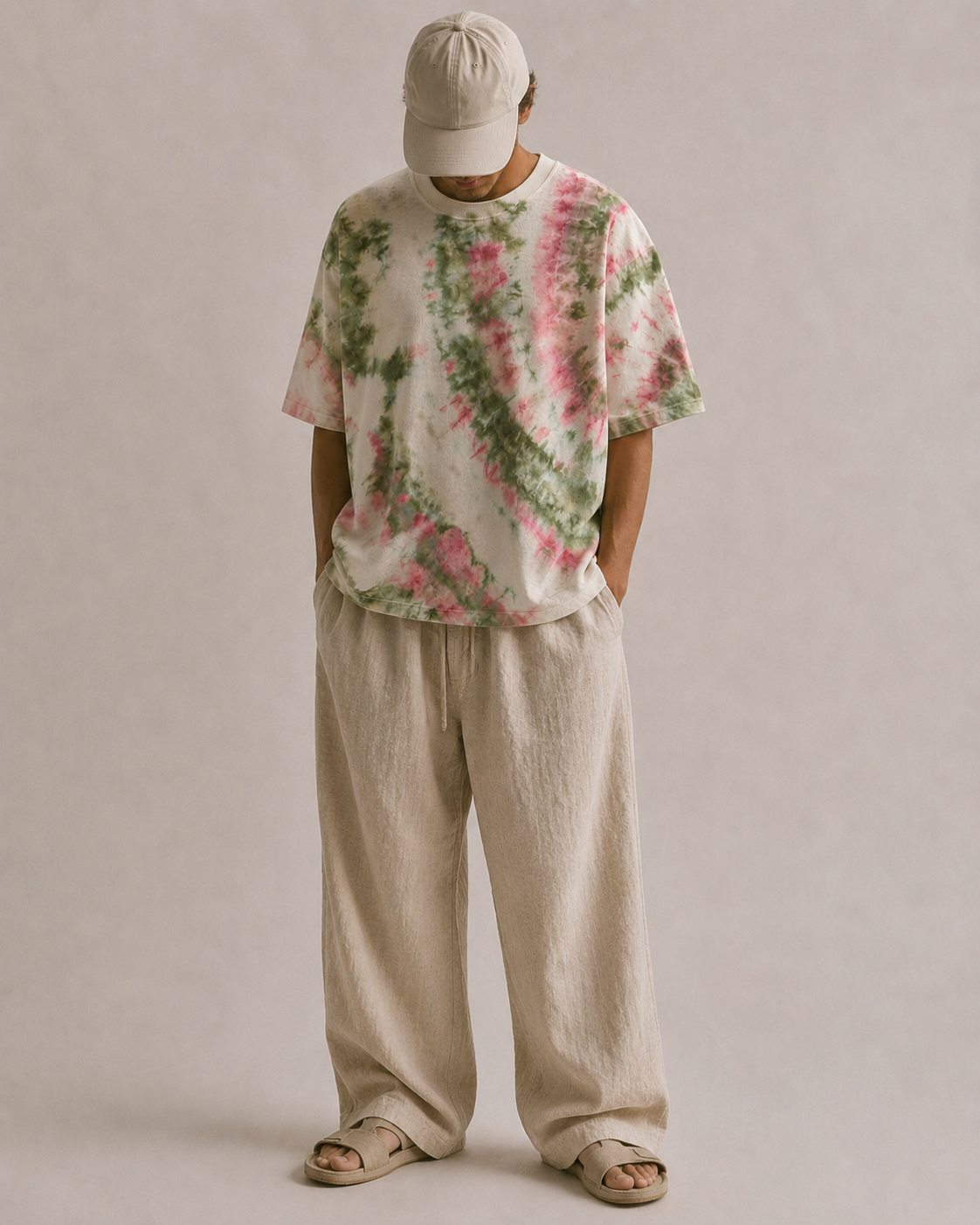 A person wearing a loose-fit short-sleeve T-shirt with a pink and green tie-dye pattern on an off-white base, paired with matching beige hemp pants, a beige baseball cap, and beige slide sandals, standing against a plain beige studio background. Hemp Horizon