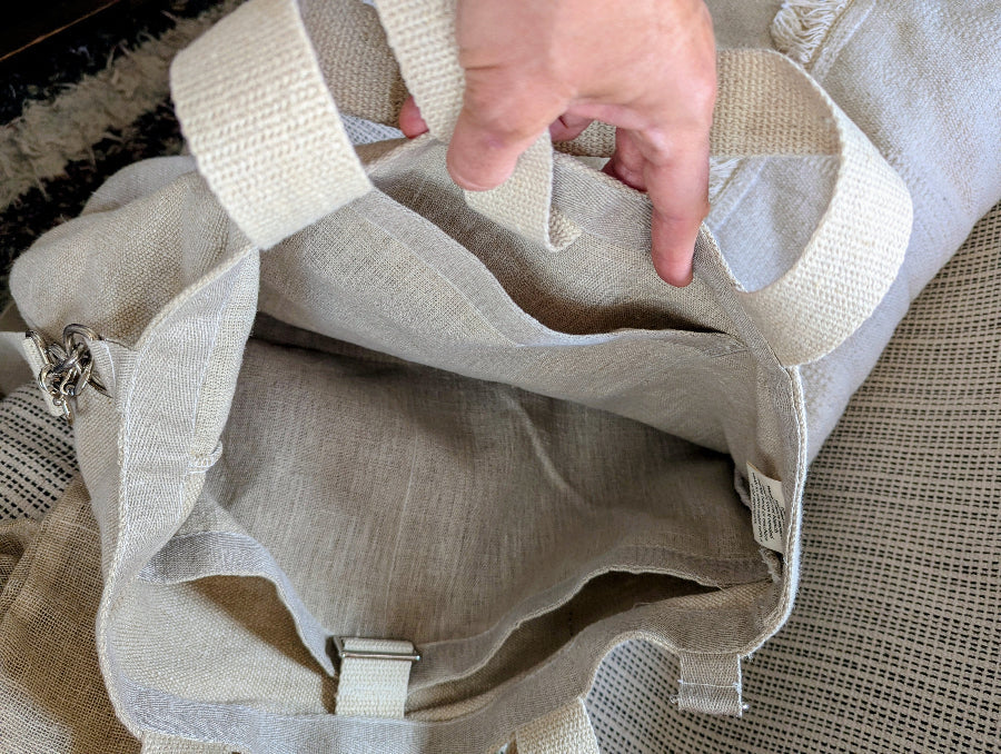 Hemp embroidered bag showing 3 internal deep pockets - Hemp Horizon