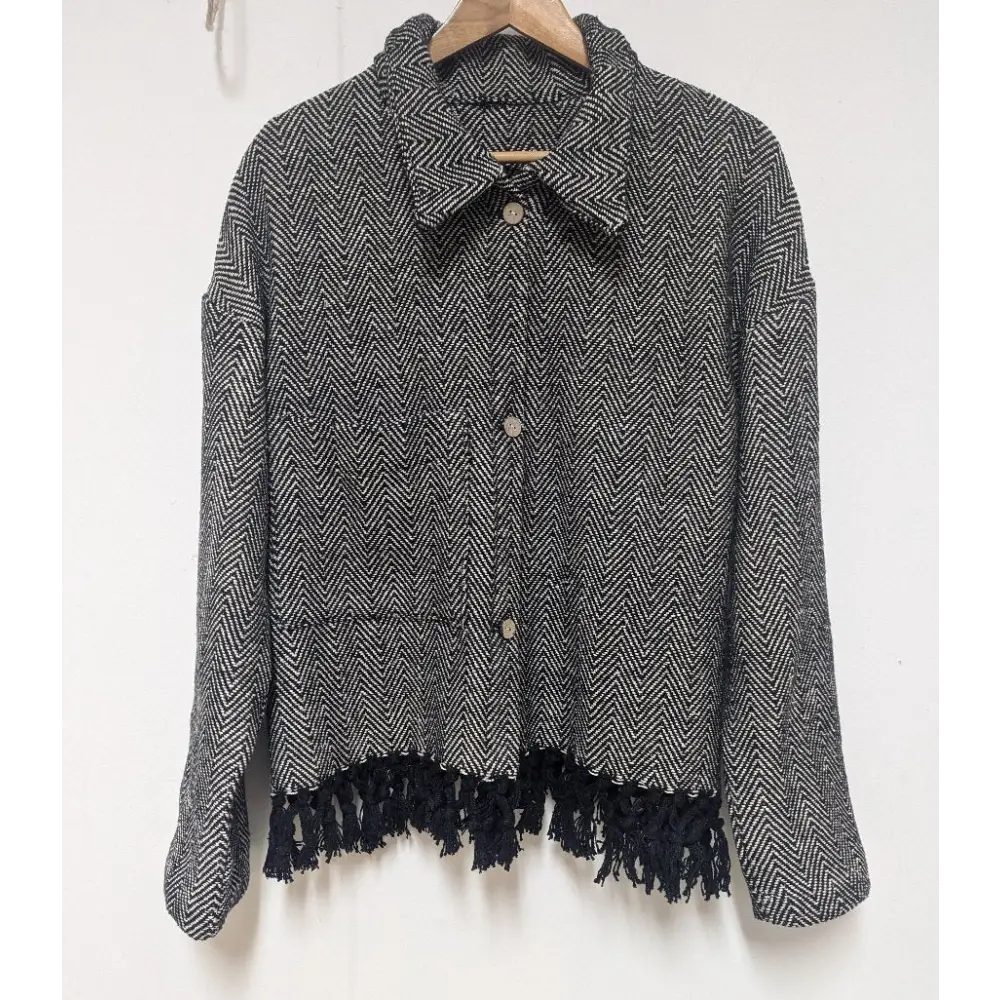 Black herringbone crop jacket designed by Hemp Horizon.