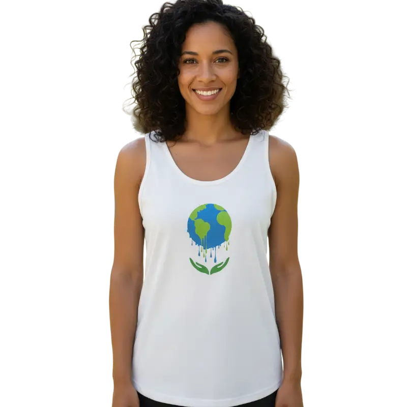 Woman wearing a white tank top with a graphic design on a white -Hemp Horizonbackground