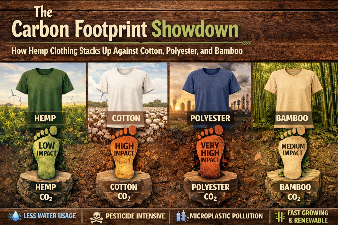 Carbon footprint showdown comparing hemp, cotton, polyester and bamboo. Shows the water and pesticides used.