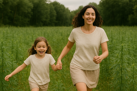Mother and child running through Hemp fields, wearing biodegradable Hemp Clothing UK. Representing Sustainable Hemp Fashion.