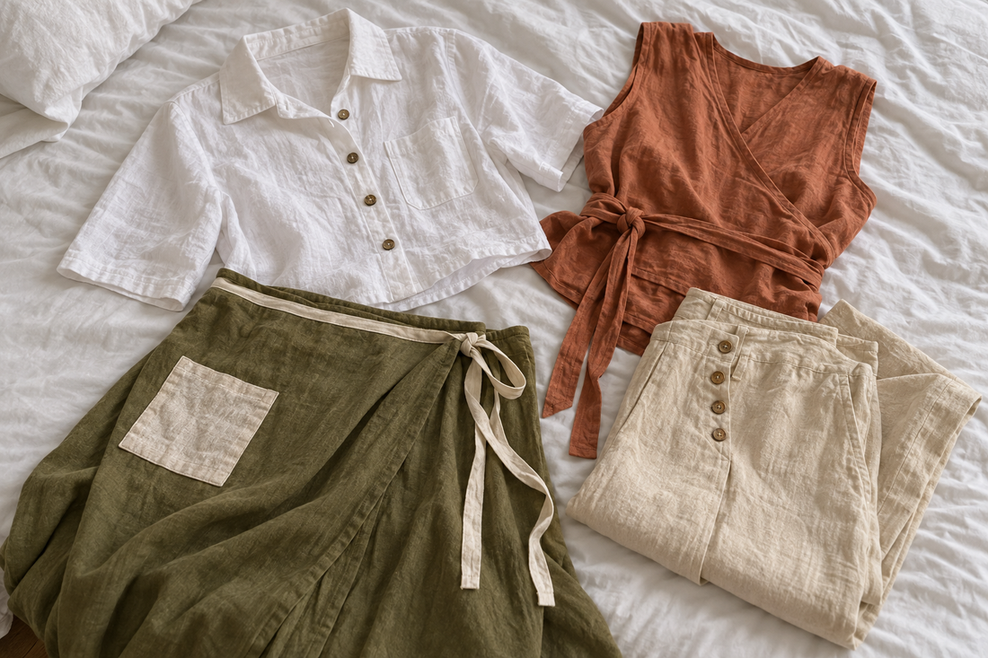 Hemp Horizon cropped shirt, olive wrap skirt, terracotta wrap top and natural trousers arranged for travel.