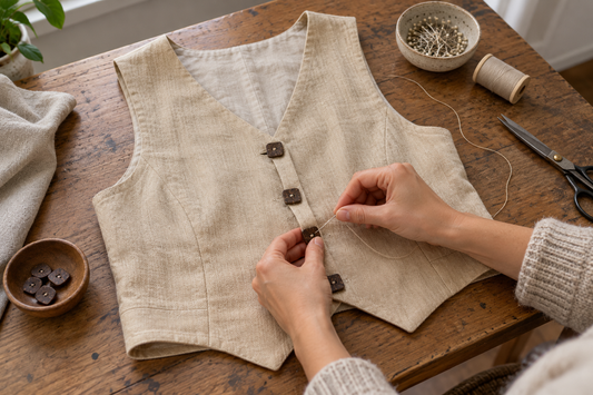 Hands sewing a square coconut button onto a natural Hemp Horizon waistcoat.