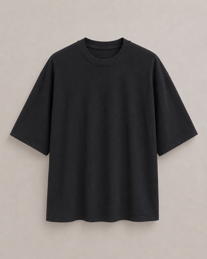 A black bamboo short-sleeve t-shirt displayed flat against a neutral, light beige background. Hemp Horizon
