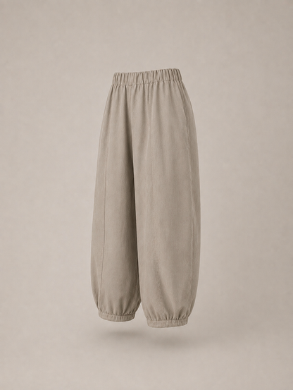 Natural baggy barrel pants with an elastic waistband, displayed on a neutral beige. Hemp Horizon