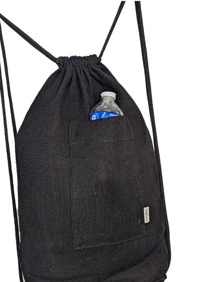 Hemp drawstring bag with pockets in black canvas.