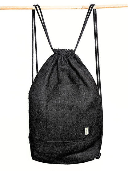 Hemp drawstring bag with pockets in black canvas.