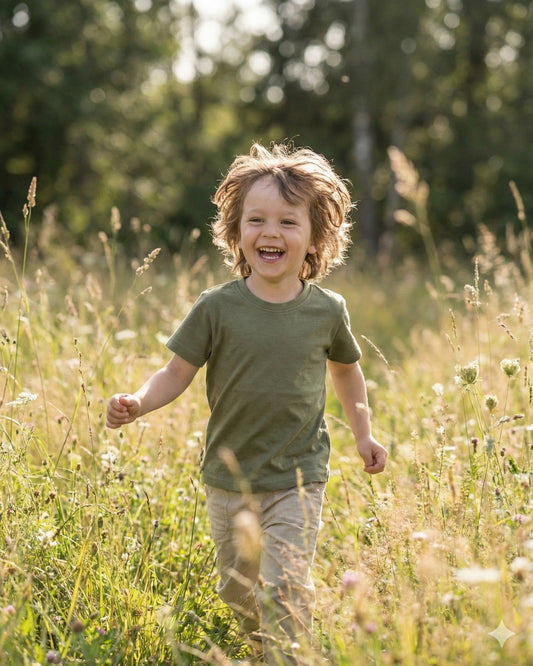 Child running through a field of tall grass with trees in the background- Hemp Horizon