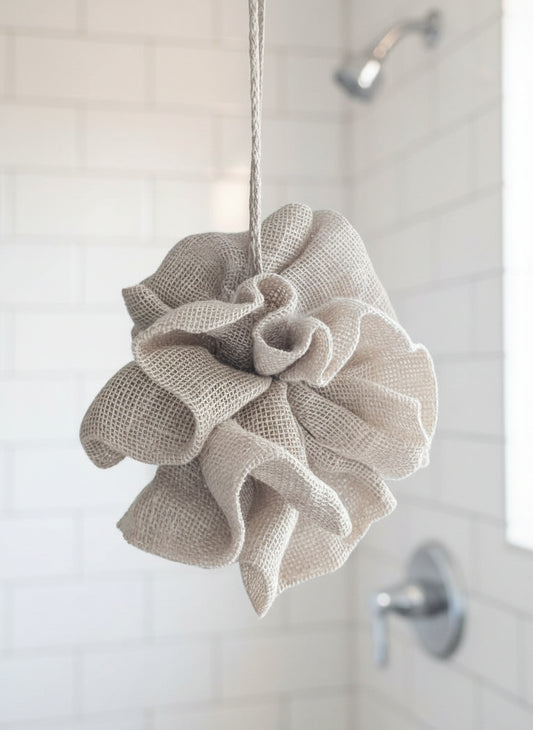 Beige bath pouf hanging on a hook with a plant in the background