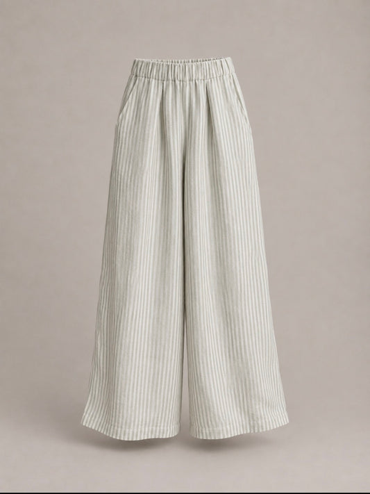 100% Hemp Wide-Leg Striped Trousers