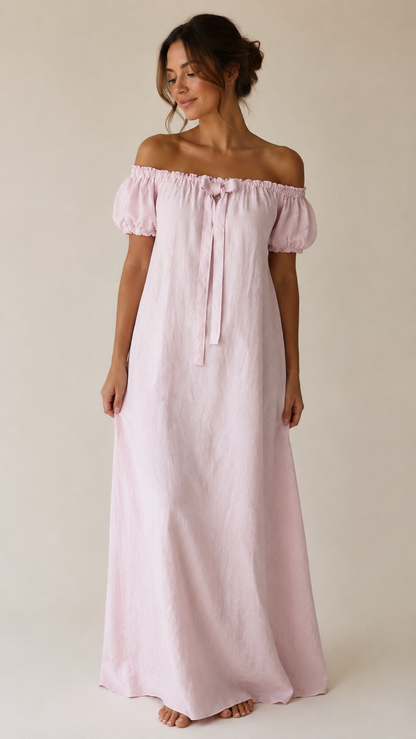 Woman wearing a pink off-shoulder dress against a plain background - Hemp Horizon