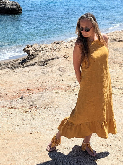 Deep ochre low back dress made from hemp linen - Hemp Horizon