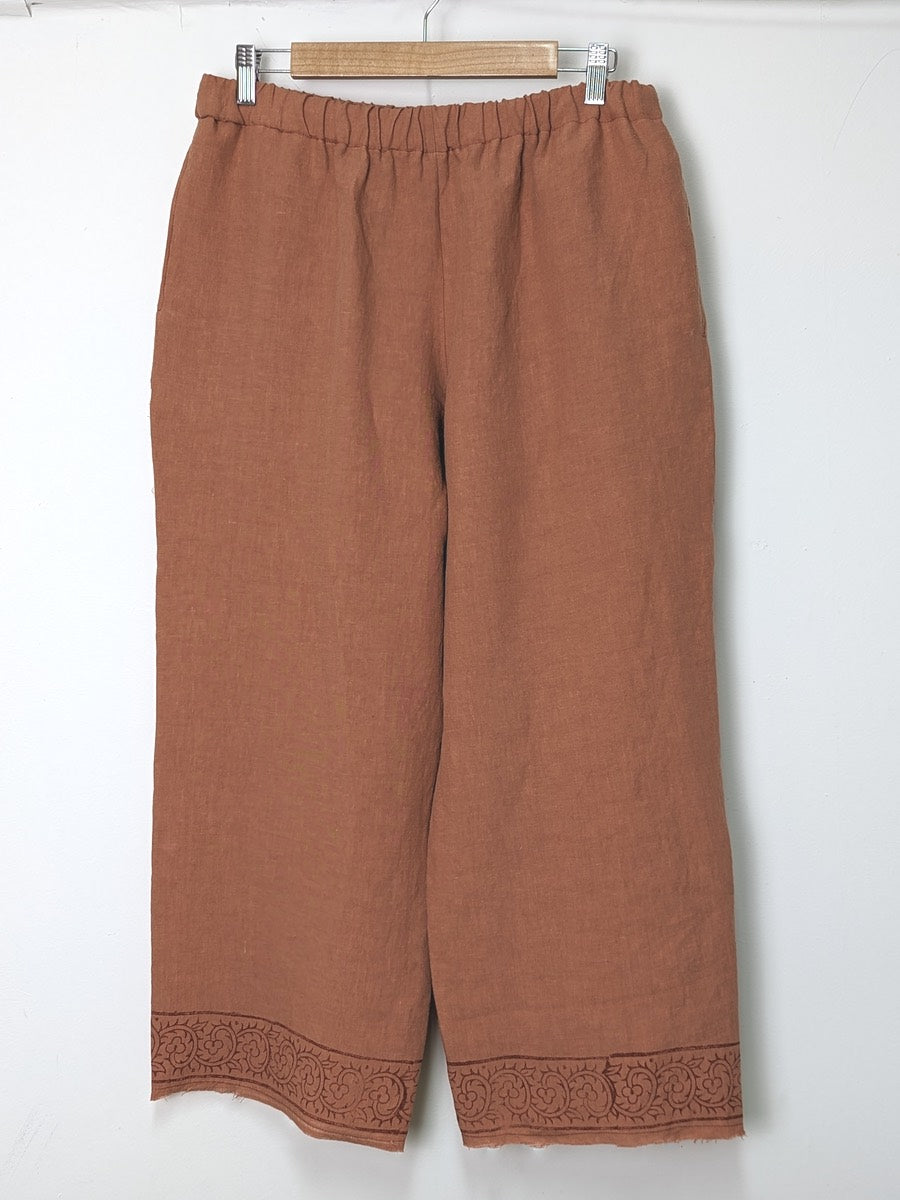 Terracotta hemp linen pants with block print hems - Hemp Horizon