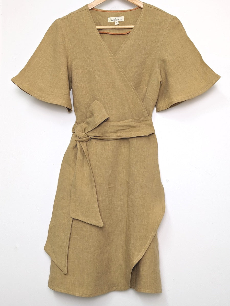 Hemp linen mini wrap dress with butterfly sleeves - Hemp Horizon