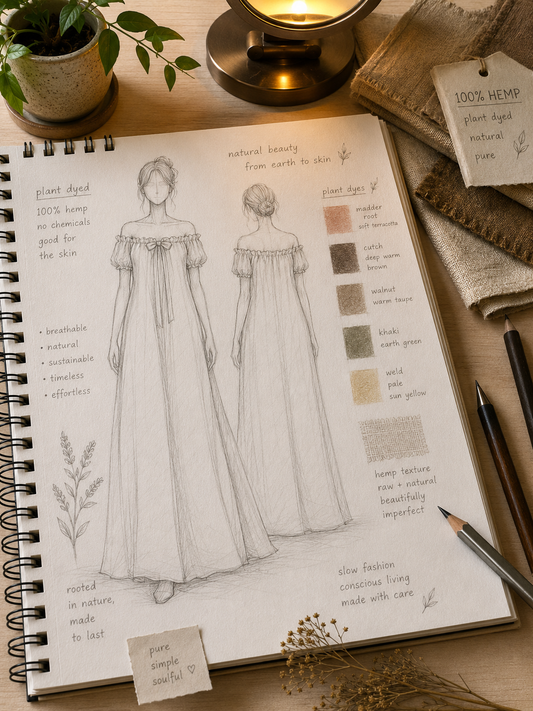 Notebook with fashion sketches and notes on a wooden surface with candles and plants. Hemp Horizon