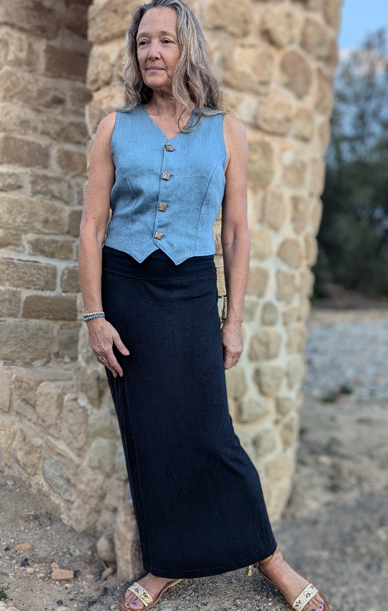 Hemp Horizon black maxi skirt with blue waist coat - Hemp Horizon