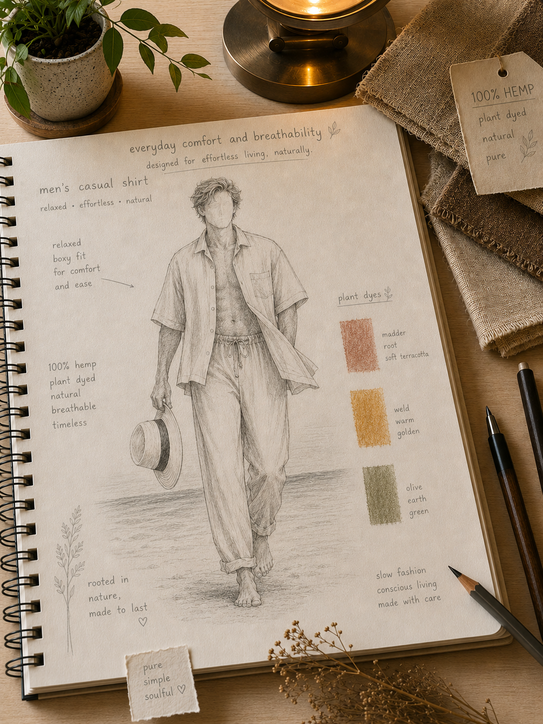 Notebook with a fashion illustration and notes on a wooden surface with a plant and candle in hemp boxy relaxed outfit - Hemp Horizon