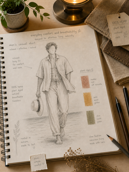 Notebook with a fashion illustration and notes on a wooden surface with a plant and candle in hemp boxy relaxed outfit