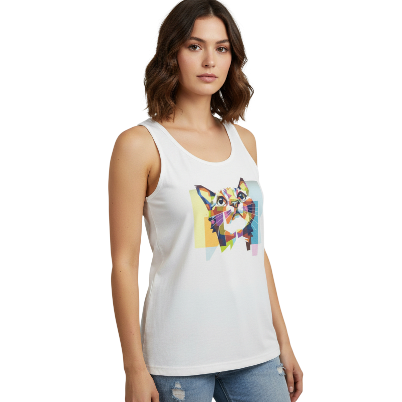 Woman wearing a white tank top with a colorful cat graphic on a white background