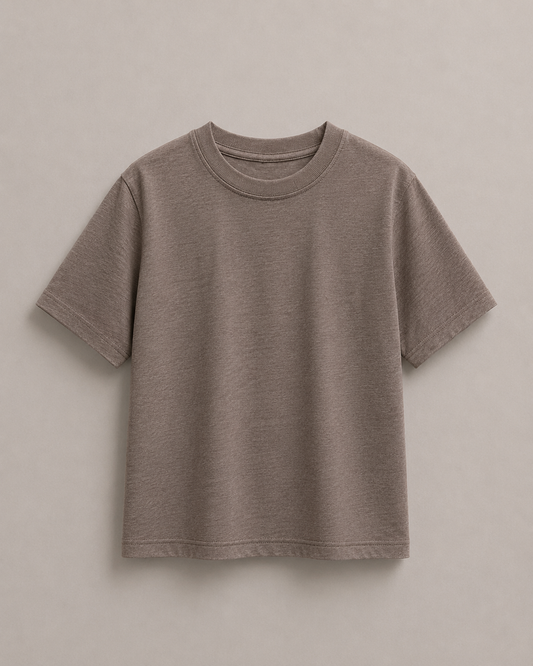 A short-sleeve crewneck t-shirt in a muted mushroom color, displayed flat against a neutral light gray background. Hem Horizon