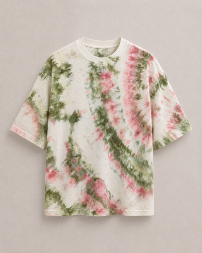 A short-sleeve ice-dyed crewneck t-shirt in Olive and Pink  on an off-white base, displayed flat against a neutral light gray background. Hemp Horizon