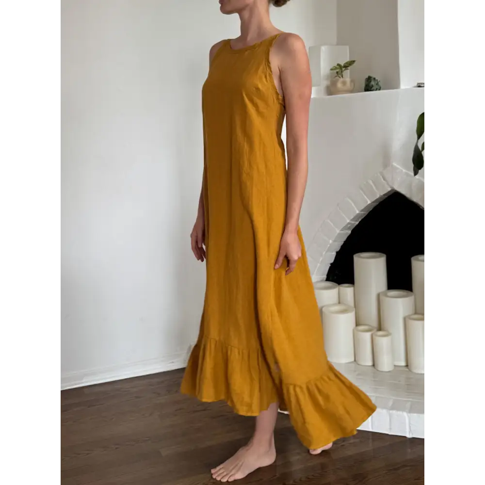 Linen and hemp deep ochre low back dress- Hemp Horizon