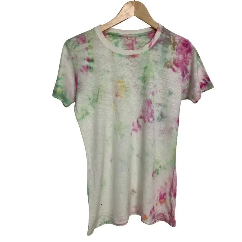 Botanical Blush & Sage Ice-Dye Tee with faded pink and green floral pattern