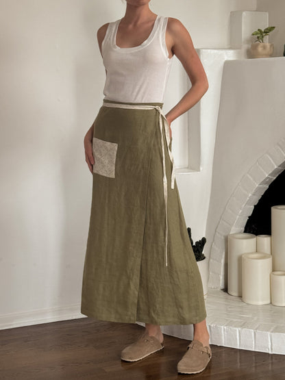 Hemp linen olive maxi wrap skirt - Hemp Horizon