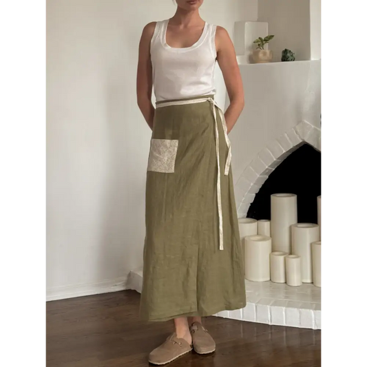 Hemp linen olive maxi wrap skirt with pockets- Hemp Horizon