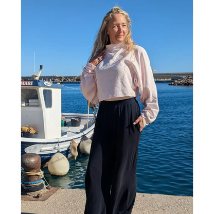 Soft pink fuzzy cropped sweatshirt with long sleeves, Elsie Hemp palazzo jersey pants