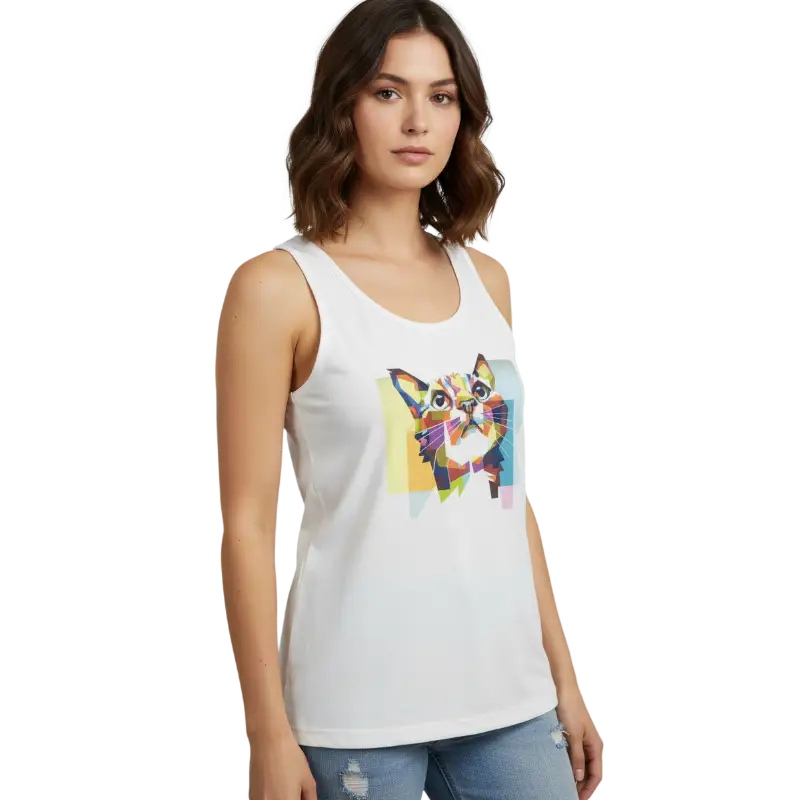 Woman wearing a white tank top with a colorful cat graphic on a white background