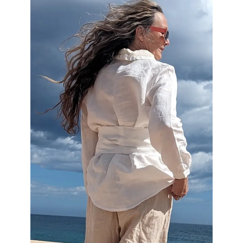 Hemp Linen white with yellow print  back view - Hemp Horizon