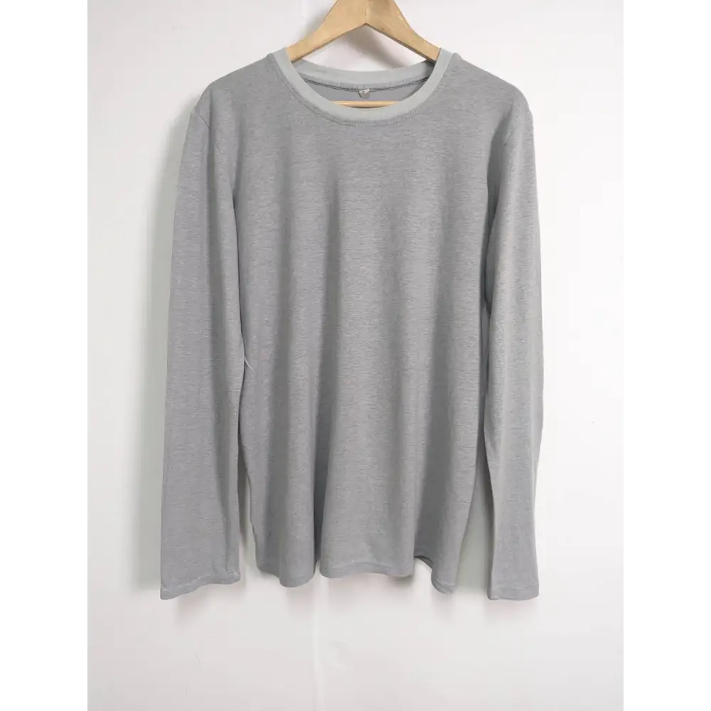 Grey long-sleeved hemp t-shirt on a hanger