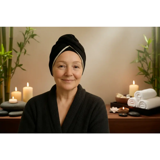 Woman wearing a black headscarf and dark cardigan against a beige background