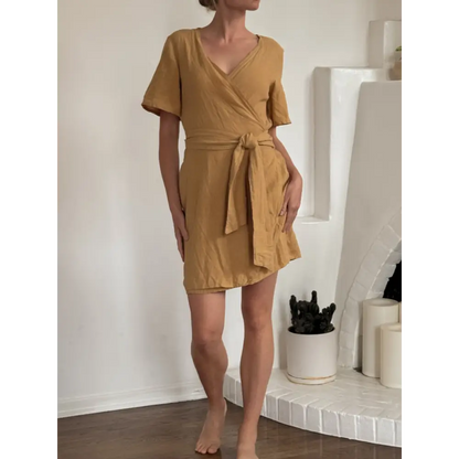 Hemp Linen ochre midi wrap dress - Hemp Horizon