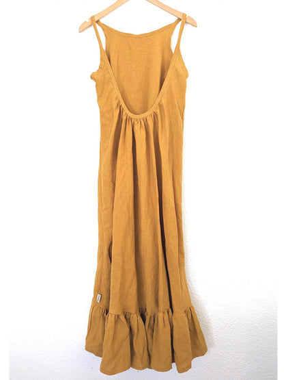 Hemp low back ruffle dress - deep ochre - Hemp Horizon