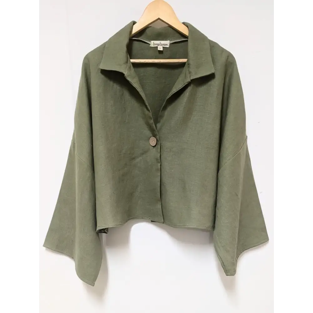 Hemp Khaki kimon top with coconut buttons - Hemp Horizon