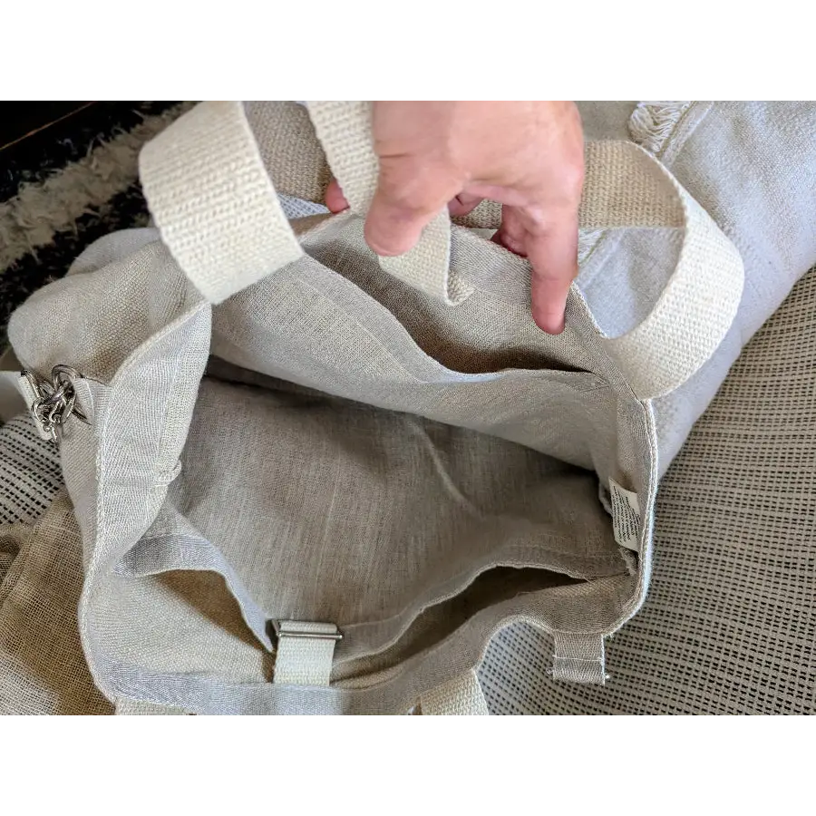 Hemp embroidered bag showing 3 internal deep pockets - Hemp Horizon