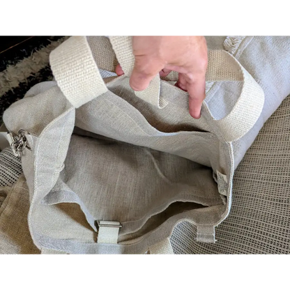 Hemp embroidered bag showing 3 internal deep pockets - Hemp Horizon