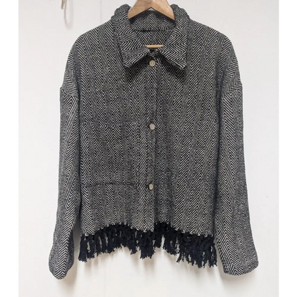 Black herringbone crop jacket designed by Hemp Horizon.