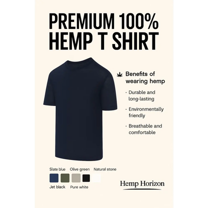 Pure 100% hemp unisex t-shirt in navy blue, short-sleeved